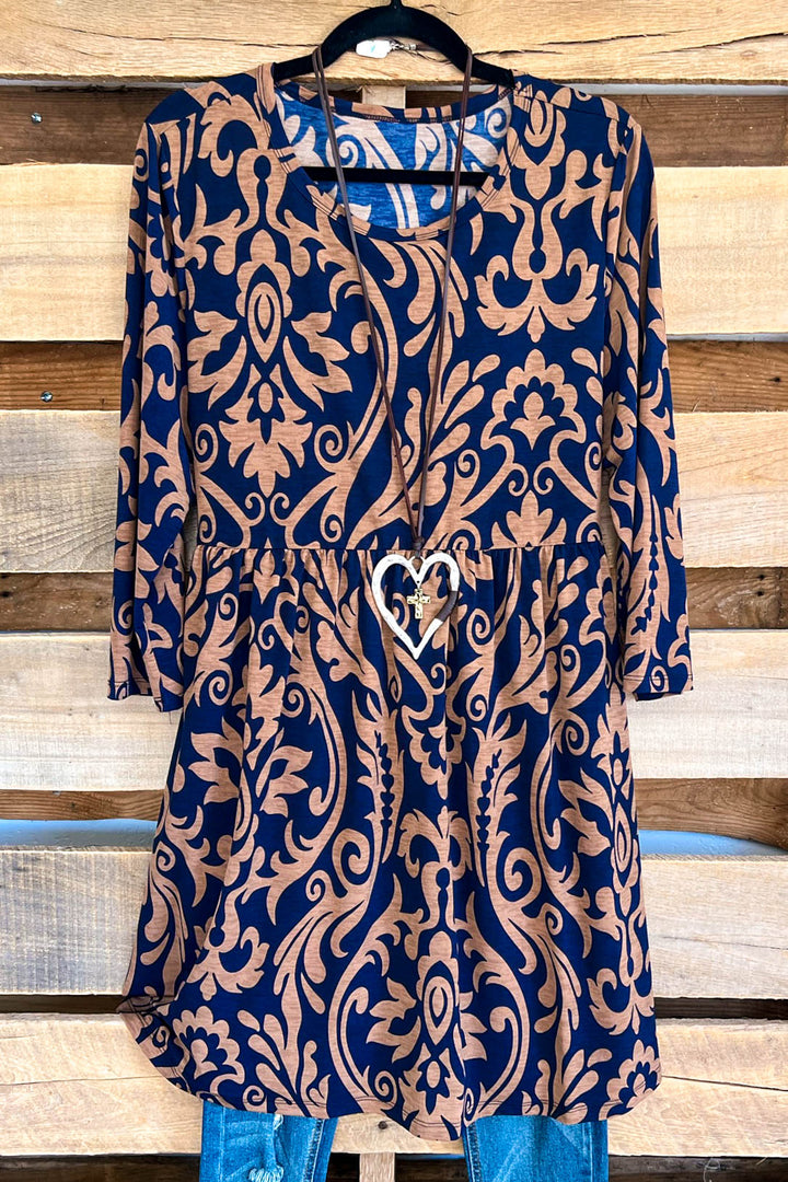Charming Damask Dress - Navy - SALE