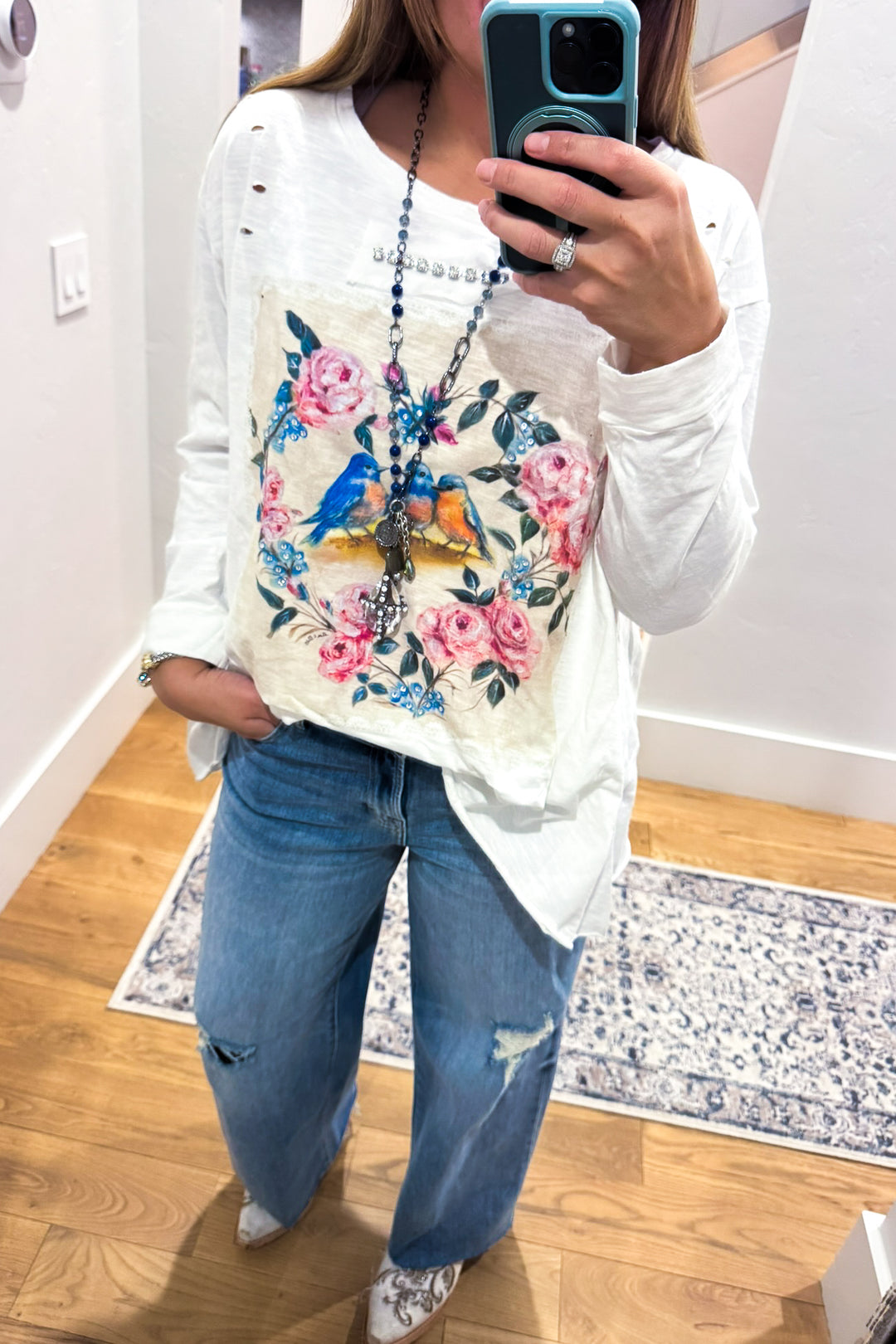 Songbirds Floral Cotton Top - 100% Cotton -3/4 Sleeves