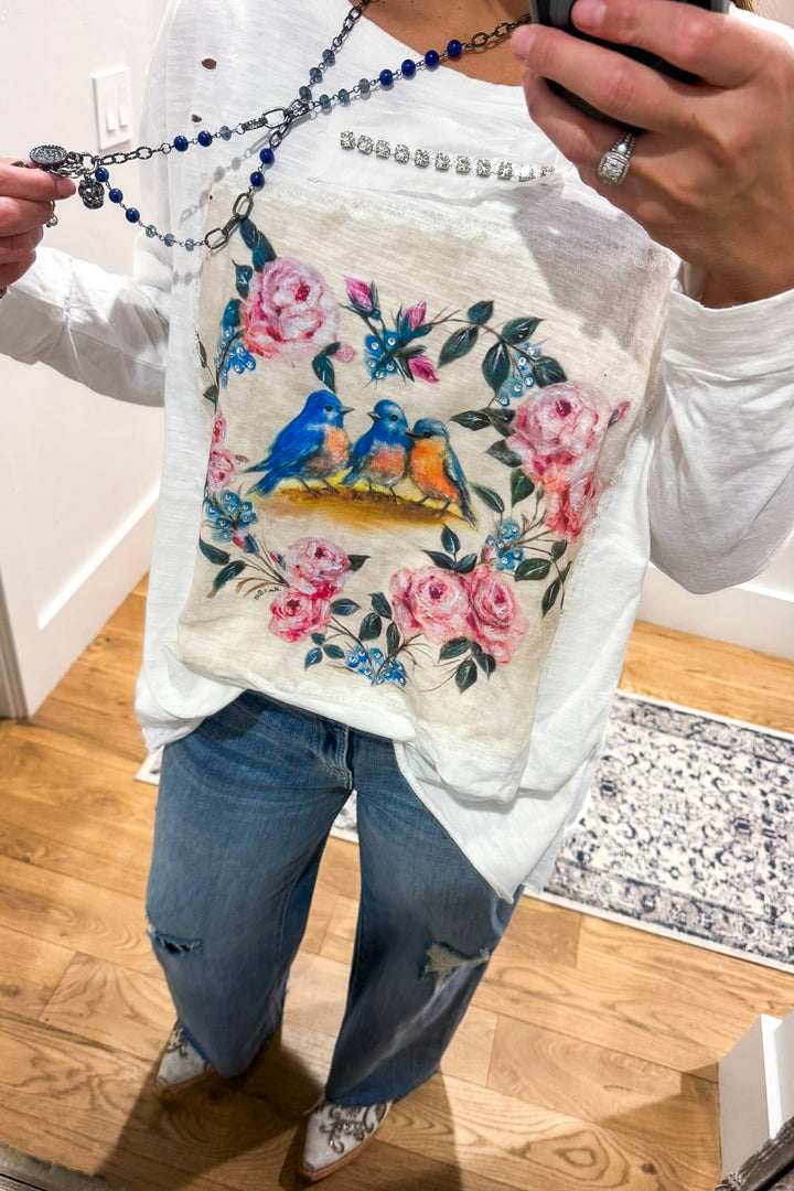 Songbirds Floral Cotton Top - 100% Cotton -3/4 Sleeves