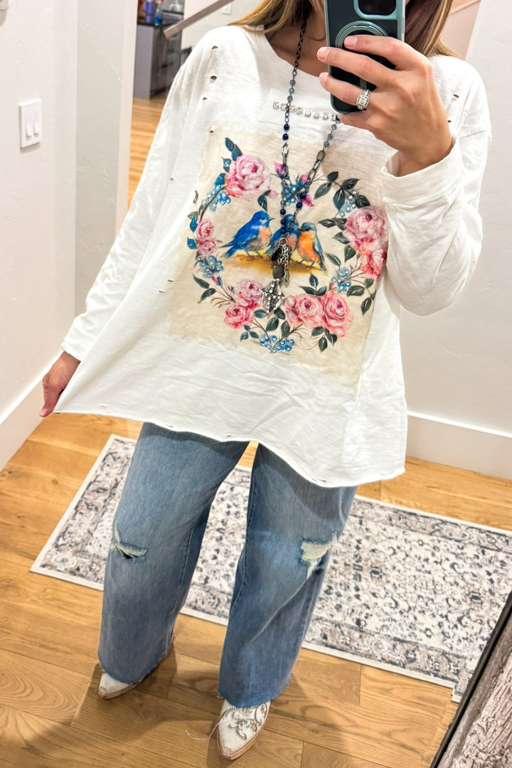 Songbirds Floral Cotton Top - 100% Cotton -3/4 Sleeves