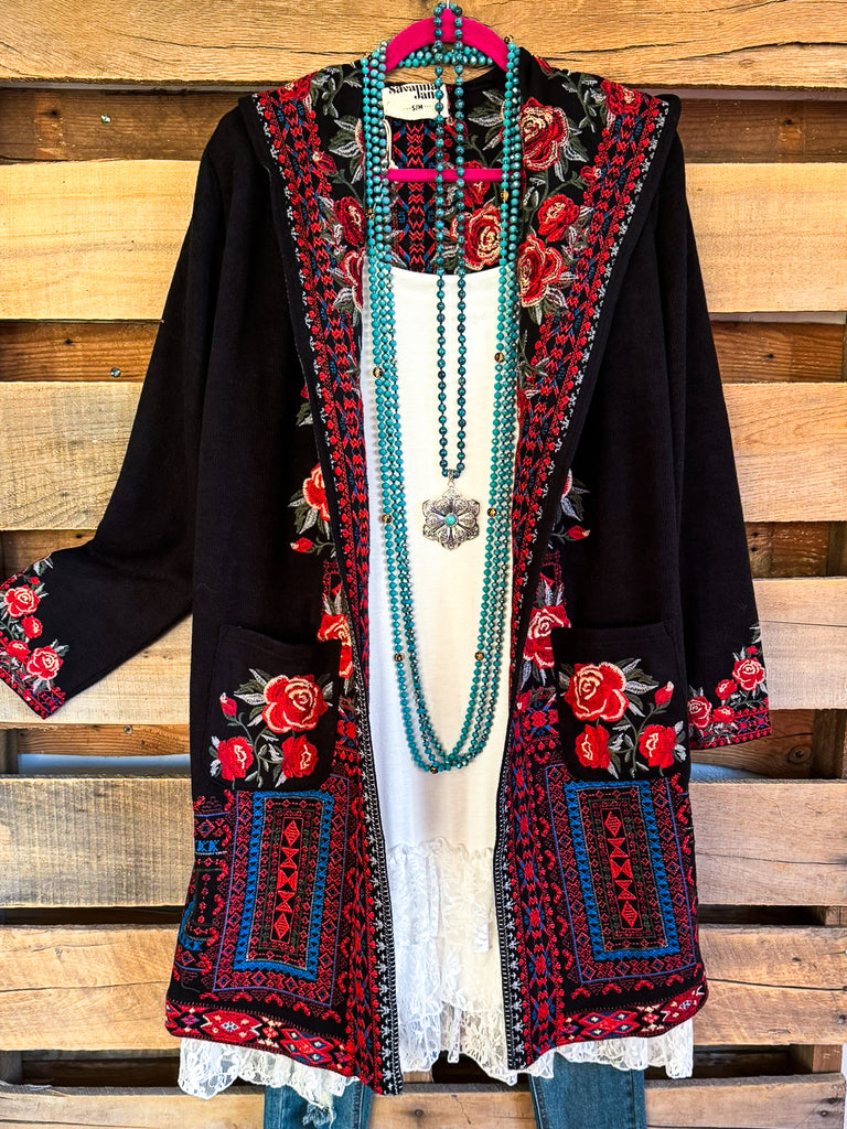 Courts Of Roses Fully Embroidered Hooded Duster  - Black