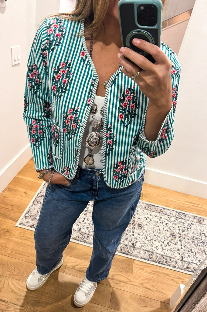 Reversible Floral Quilted Jacket -Blue Green -100% Cotton (Size 6 to 12)