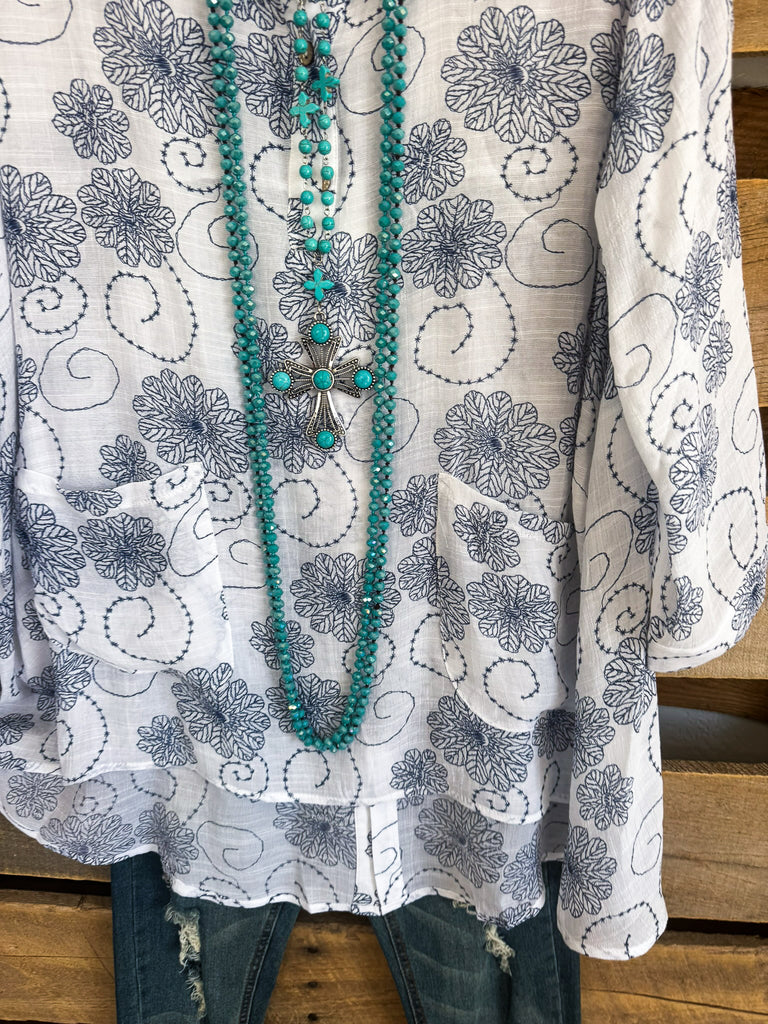 Stitched In Blooms Top - White - SALE