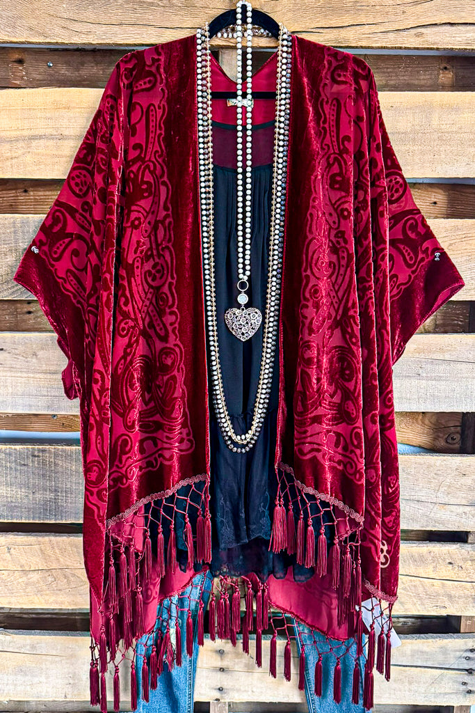 Wrapped In Greatness Oversized Burnout Velvet Kimono - Burgundy