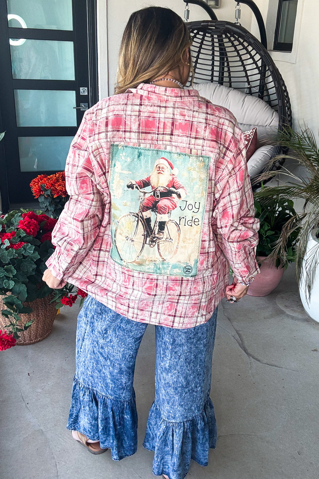 Bike Santa Plaid Button Up - 100% Cotton