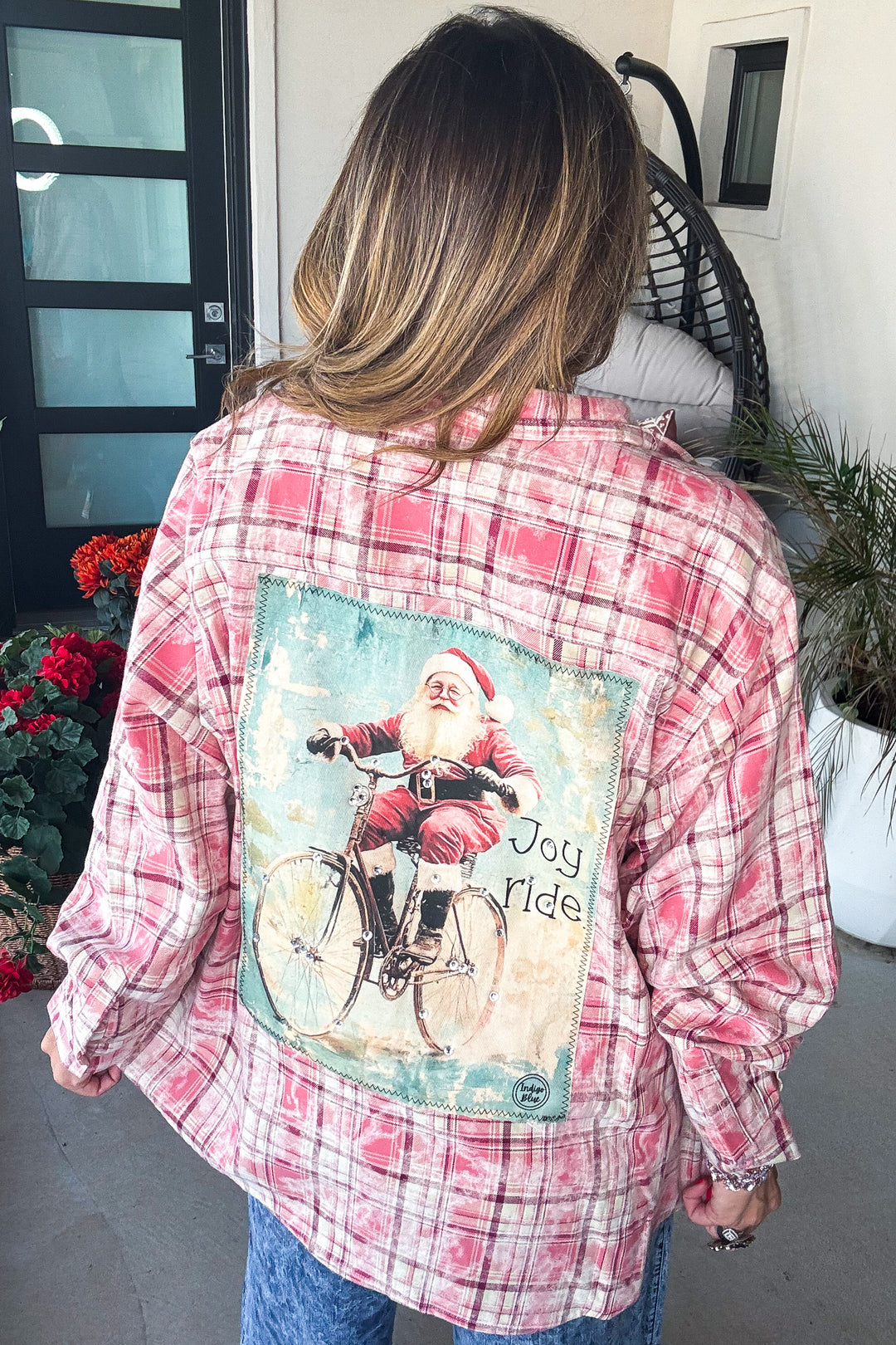 Bike Santa Plaid Button Up - 100% Cotton