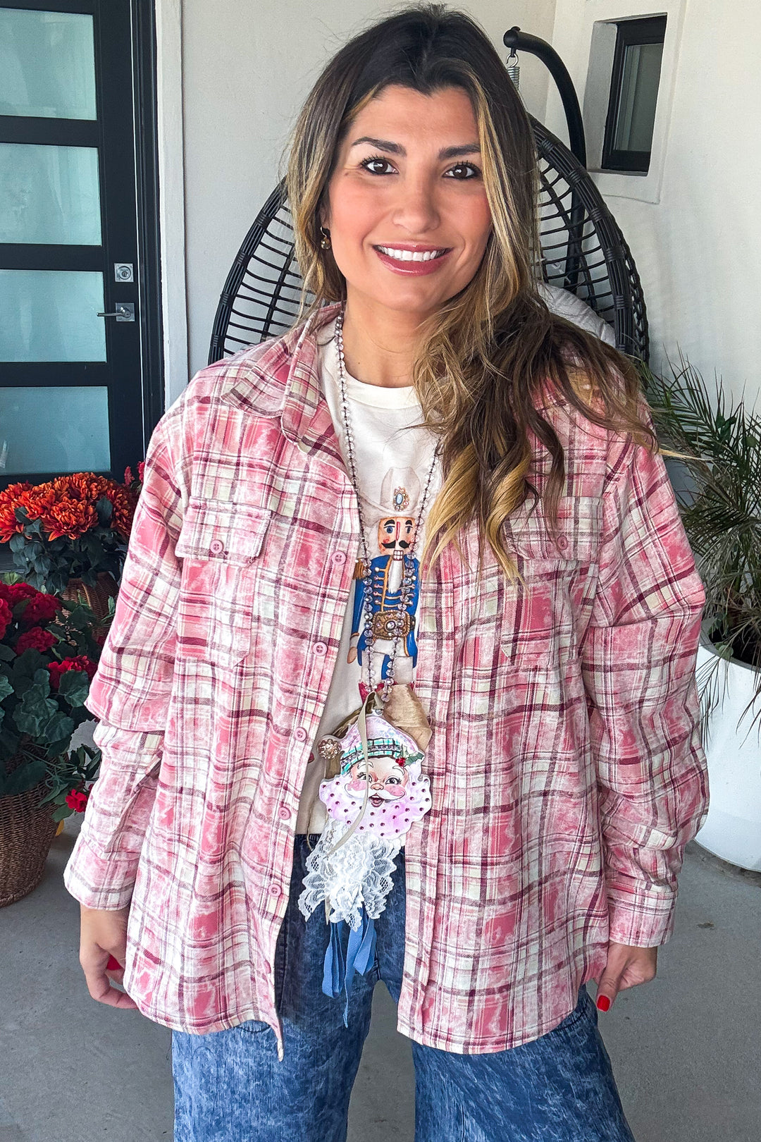 Bike Santa Plaid Button Up - 100% Cotton