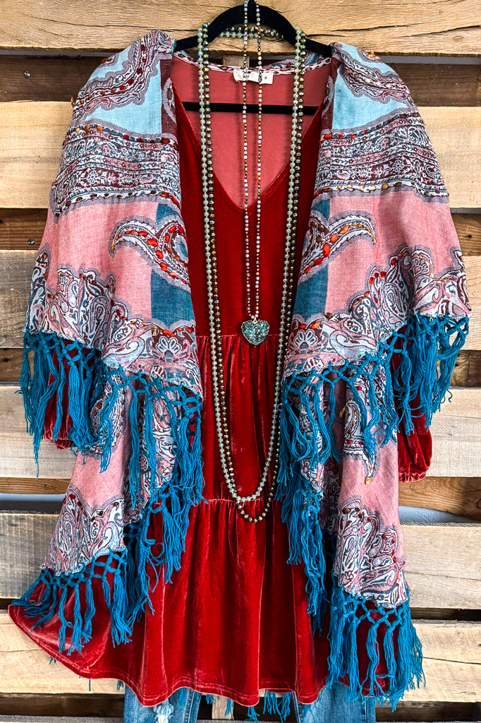 Stay Right There Embroidered Poncho Vest - Teal