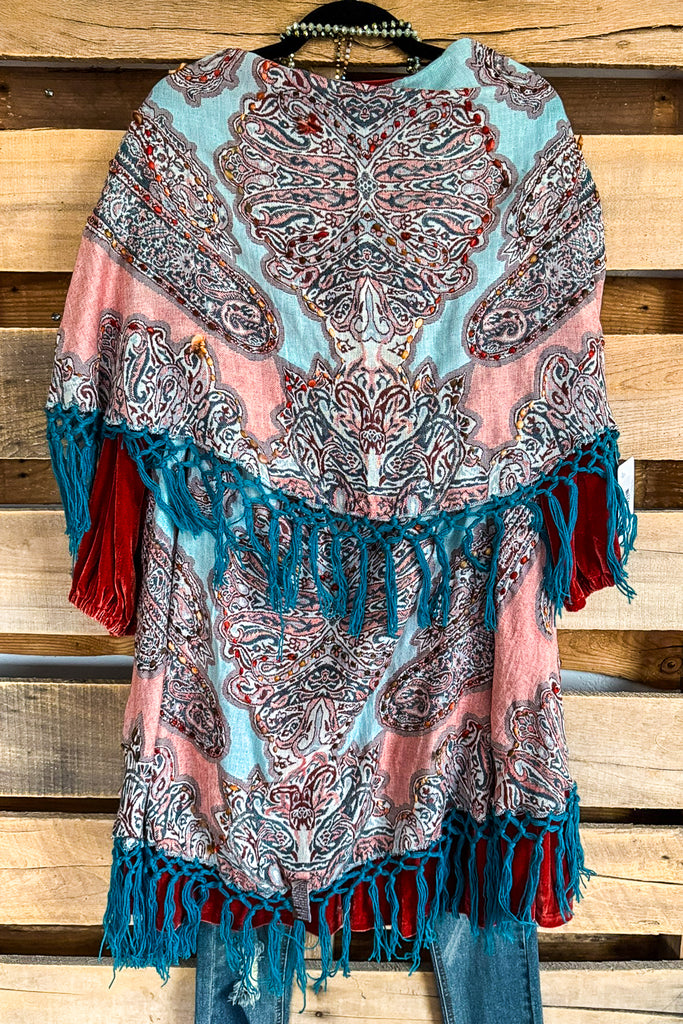 Stay Right There Embroidered Poncho Vest - Teal