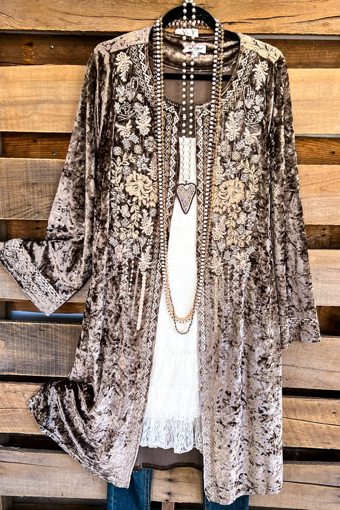 AHB EXCLUSIVE: Long Velvet Embroidery Cardigan - Bronze