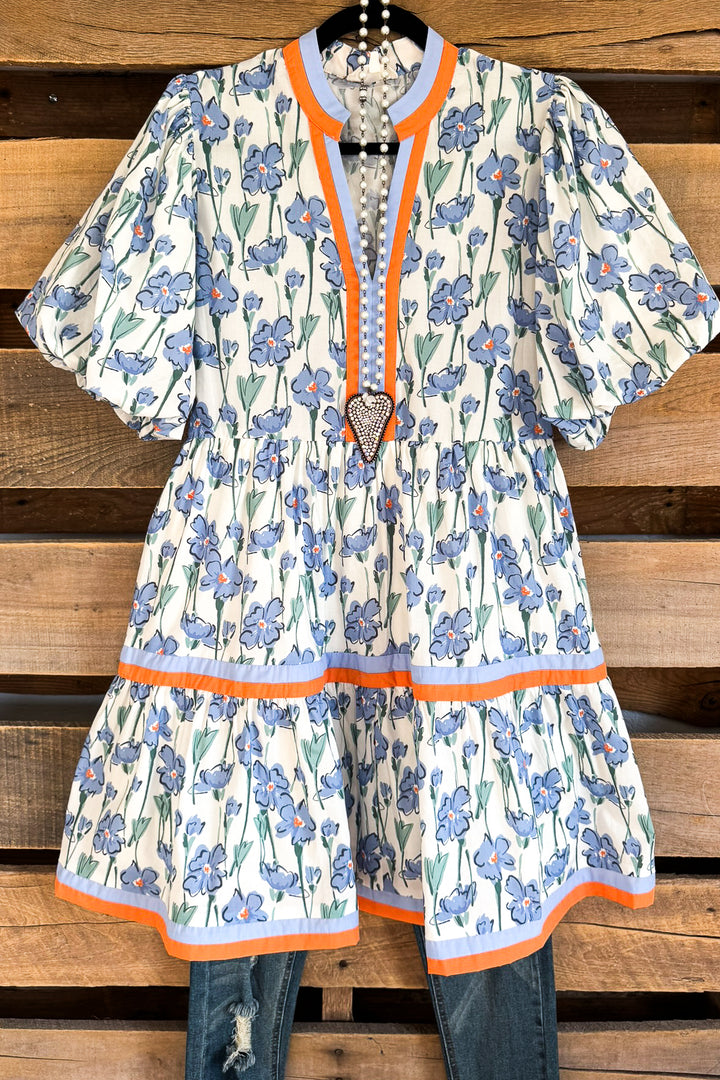 Blossom Bell Dress - Blue- 100% COTTON