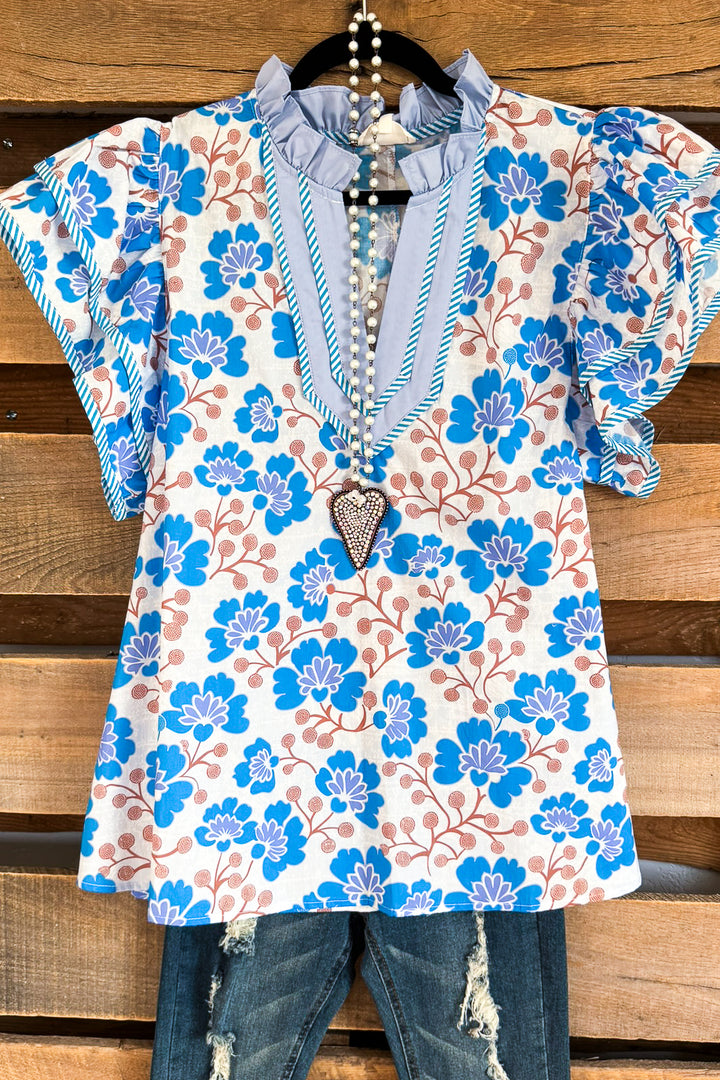 Brilliant Bouquets Top - Blue - 100% COTTON