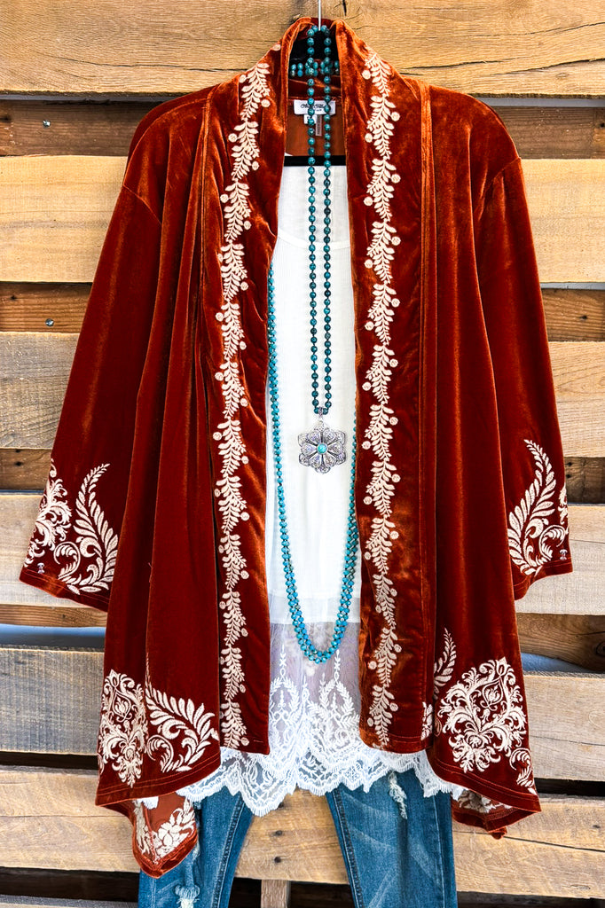 AHB EXCLUSIVE: Crushed Velvet Embroidered Cardigan - Rust