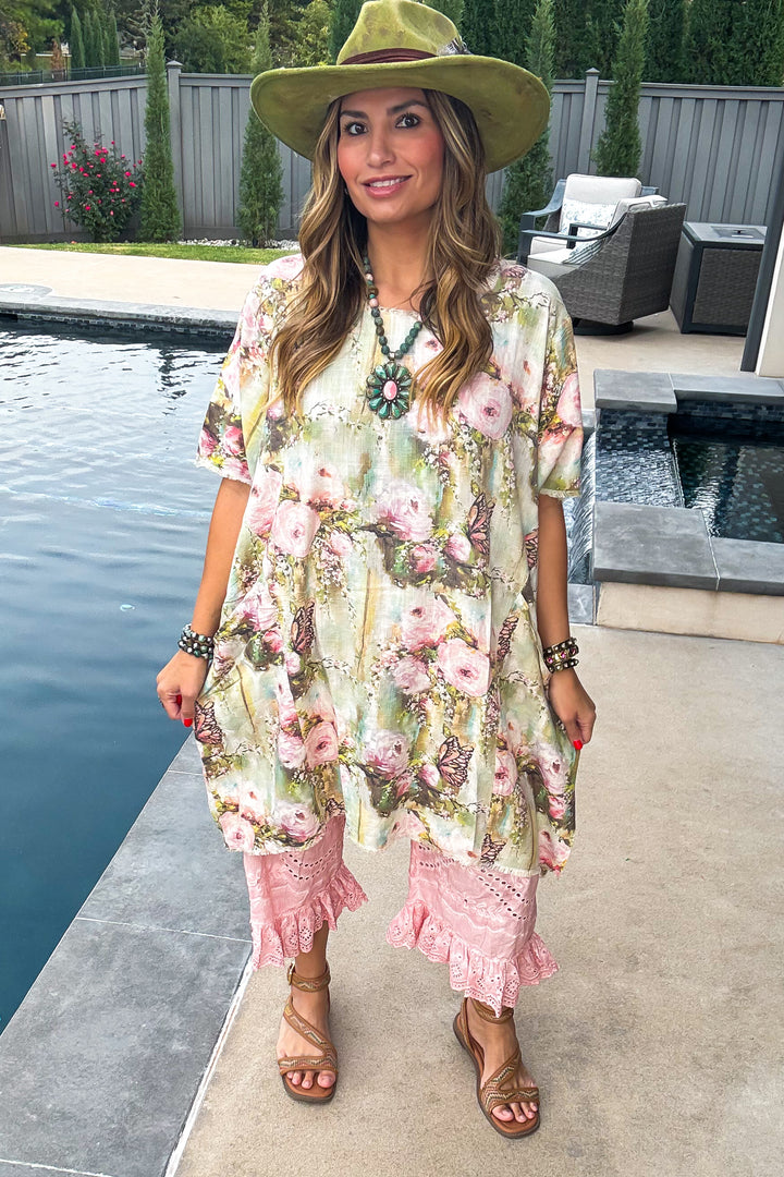 Butterfly Vintage Shabby Chic Linen Dress – Oversized Fit - 100% Linen