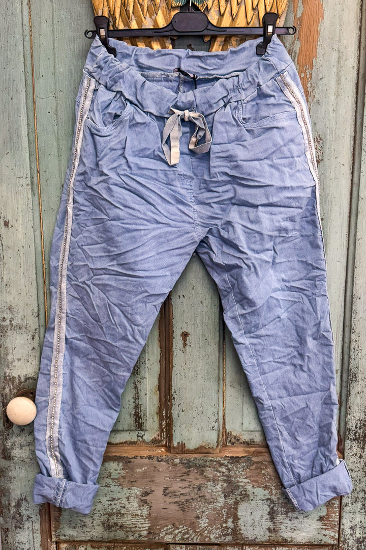 Made in Italy Scrunchy Rhinestone Stretch Pants – Ultra Comfortable Size (4 to 24) - Blue