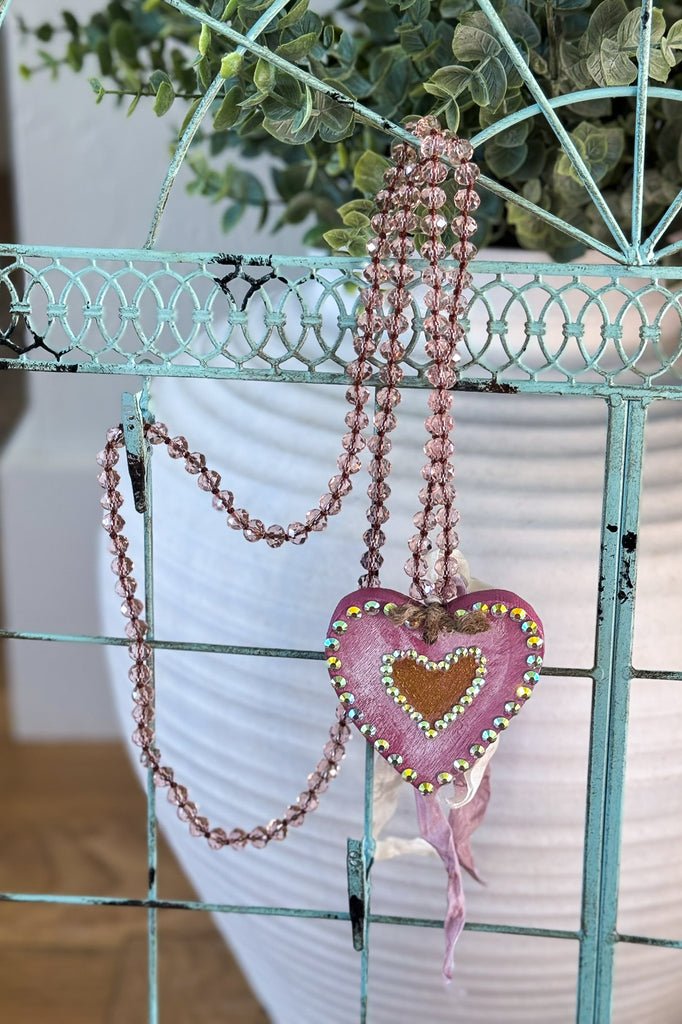 Hand Painted Rhinestone Wood Heart Pendant Necklace