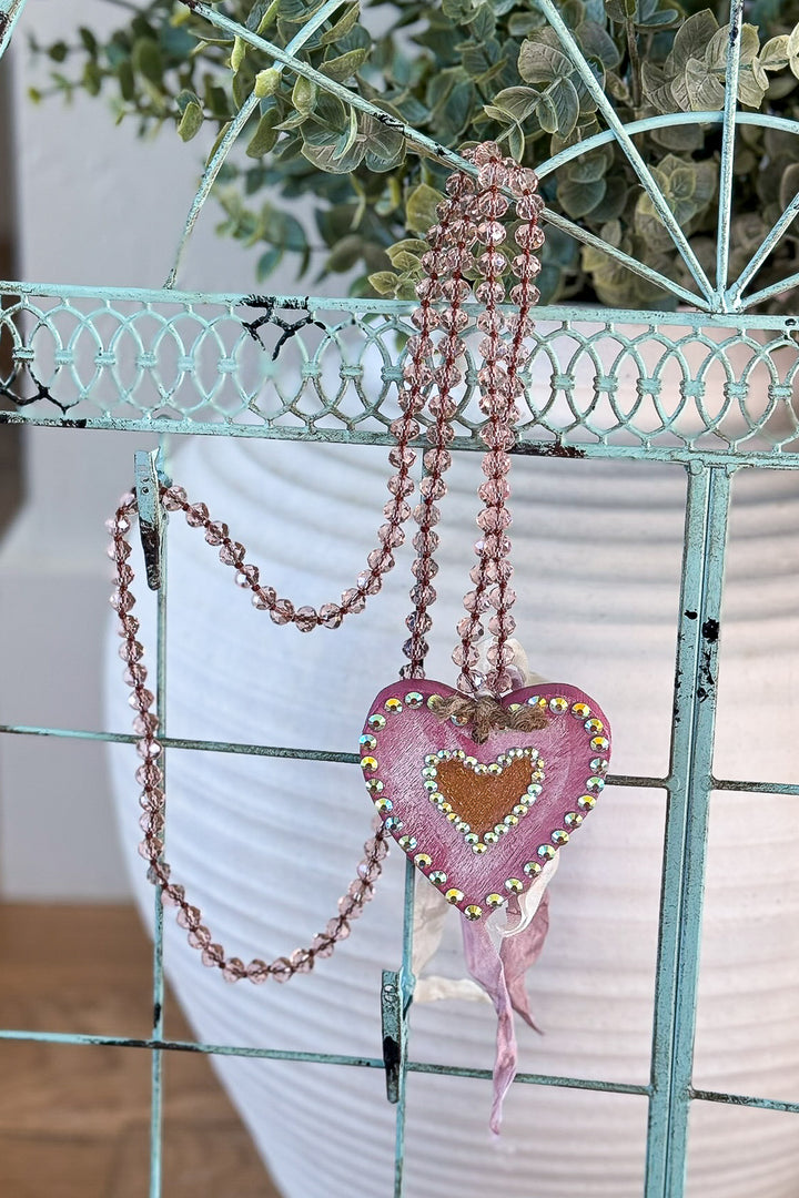 Hand Painted Rhinestone Wood Heart Pendant Necklace