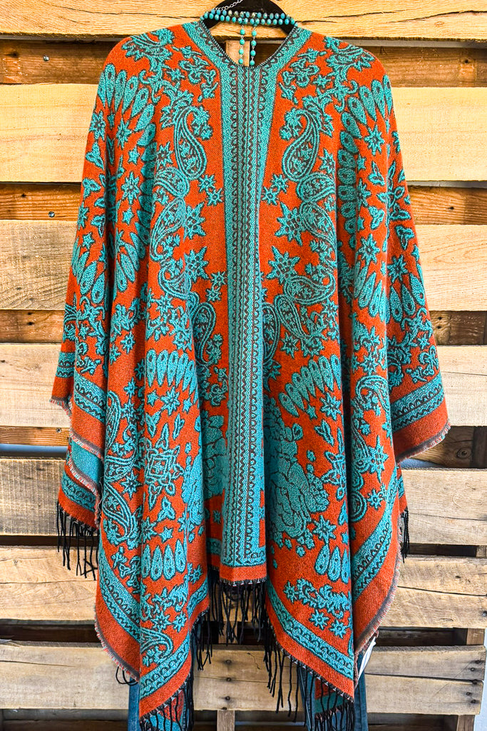 Trusting The Details Poncho - Orange/Turquoise