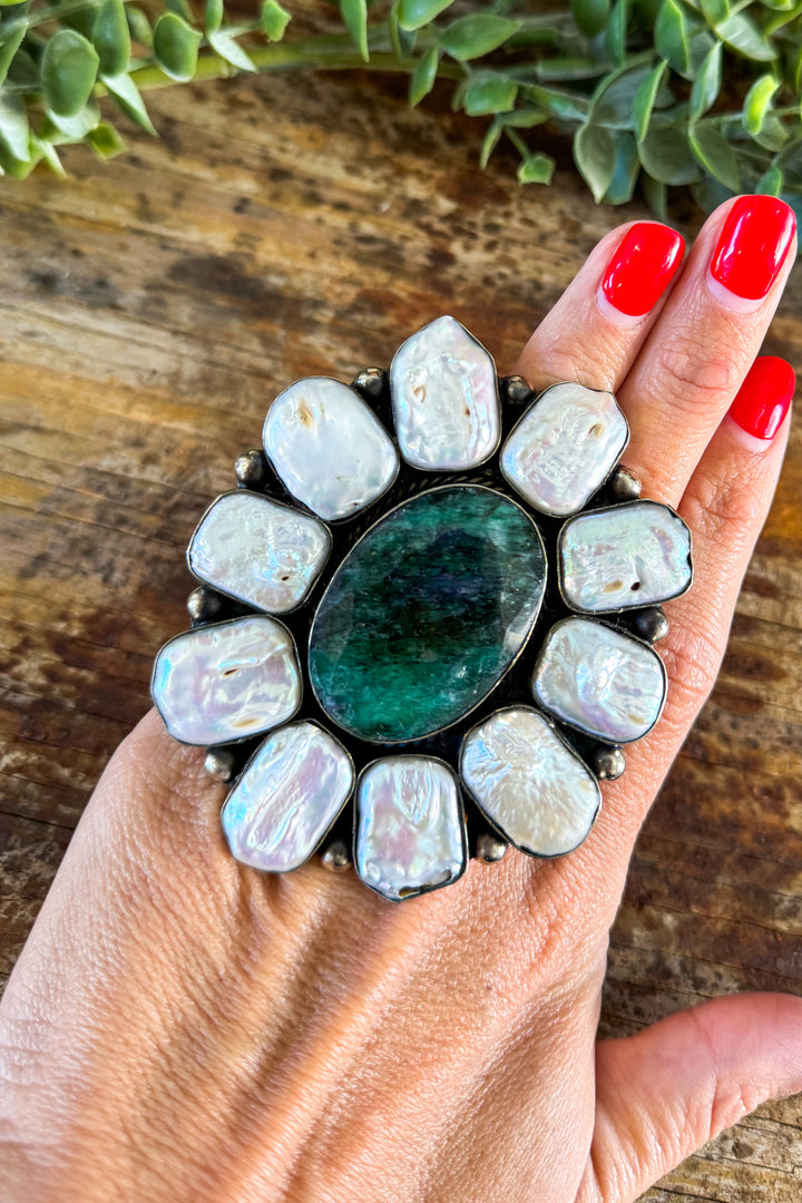 Big Ring Freshwater Pearl and Emerald