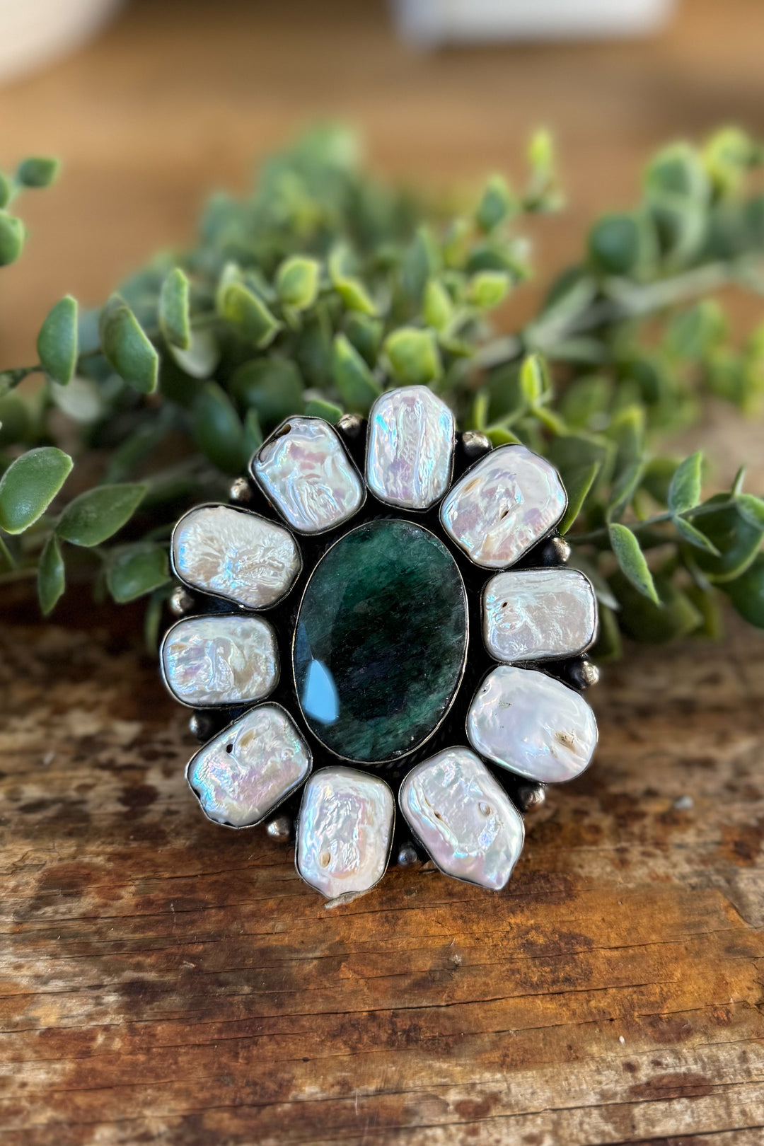 Big Ring Freshwater Pearl and Emerald
