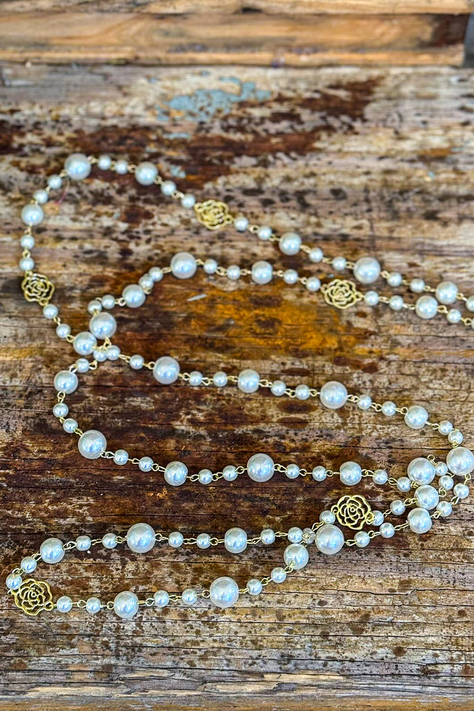 Retro Flower Pearl Long Necklace - Pearl/Gold