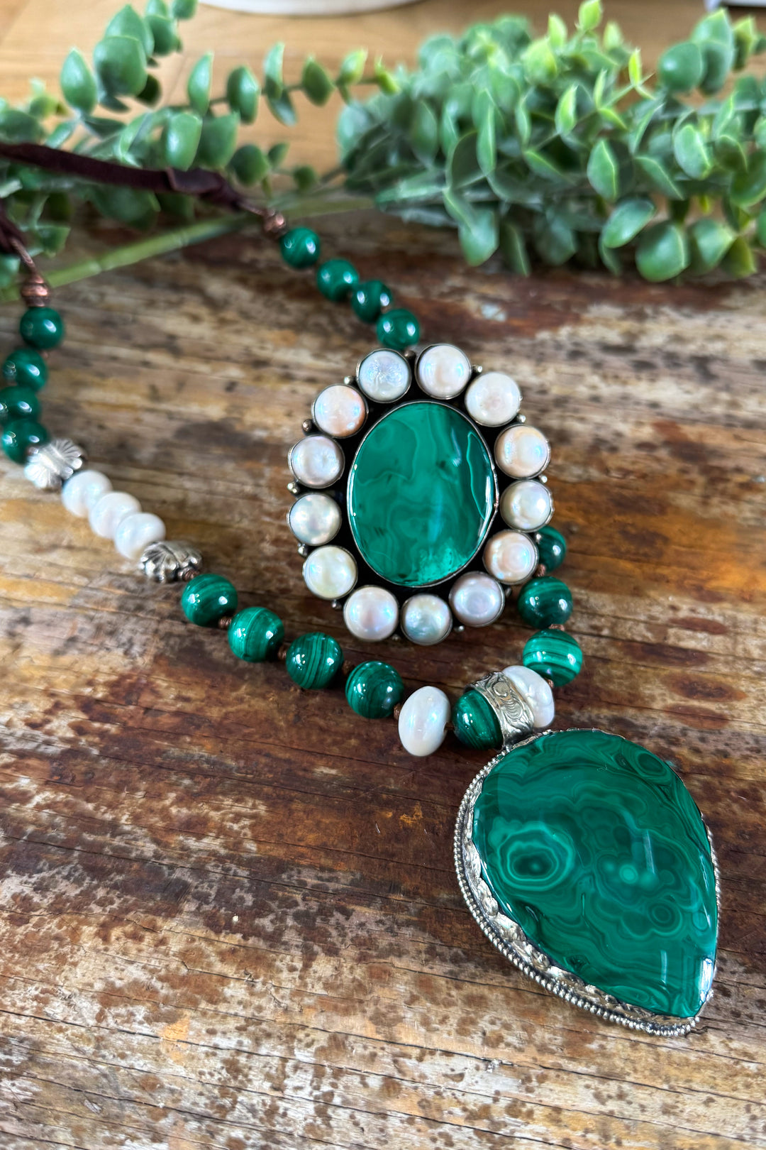 Handmade in Texas Malachite Gemstone and Freshwater Pearl
