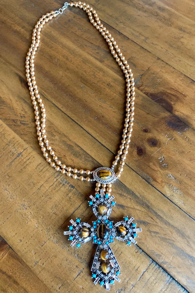 Mocha Pearl Necklace Stone Cross Pendant