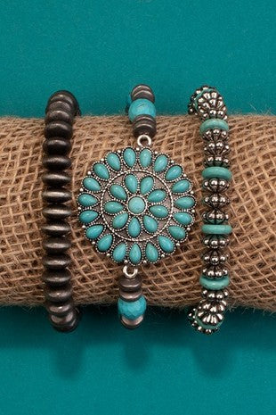 Squash Blossom Stacked Bracelets - Turquoise/Sliver