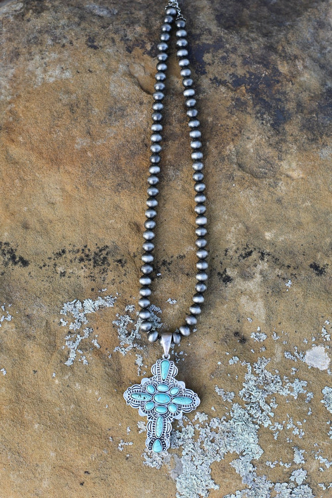 AUTHENTIC TURQUOISE STONE- CRUCIFIX NECKLACE [product type] - Angel Heart Boutique