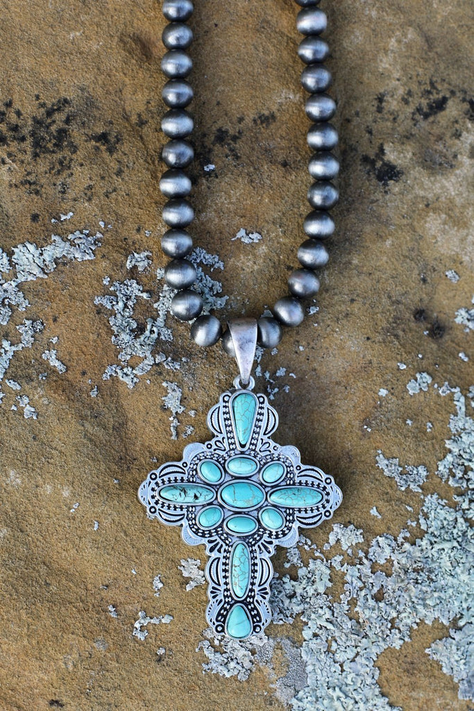 AUTHENTIC TURQUOISE STONE- CRUCIFIX NECKLACE [product type] - Angel Heart Boutique