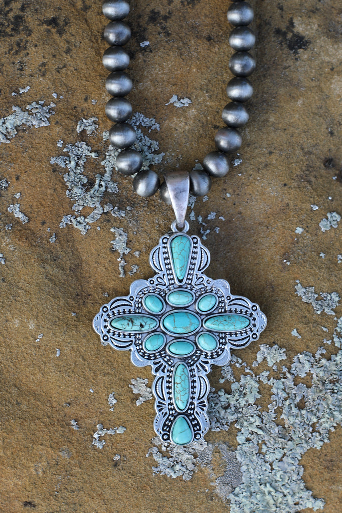 AUTHENTIC TURQUOISE STONE- CRUCIFIX NECKLACE [product type] - Angel Heart Boutique