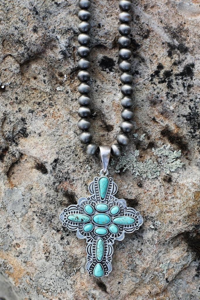 AUTHENTIC TURQUOISE STONE- CRUCIFIX NECKLACE [product type] - Angel Heart Boutique