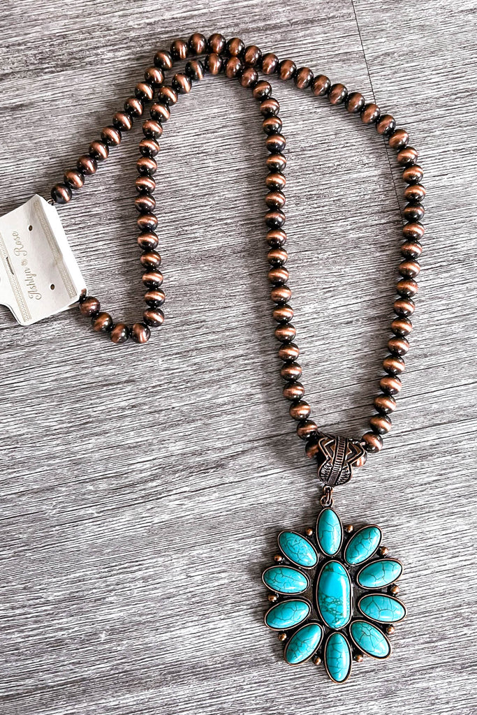 Stunning Copper Flower Necklace - Turquoise