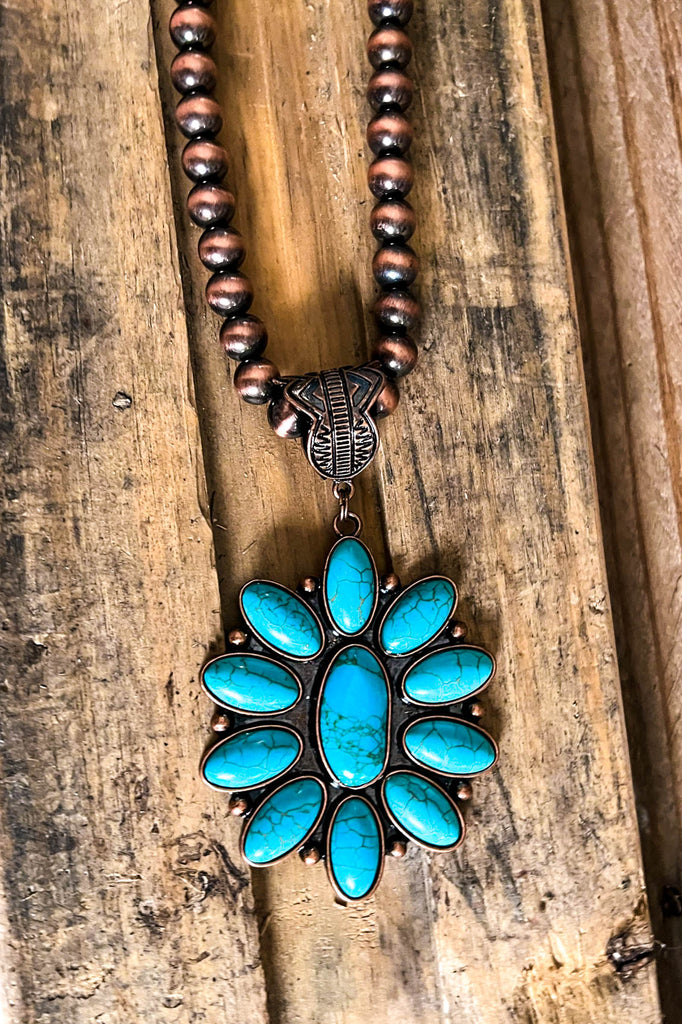 Stunning Copper Flower Necklace - Turquoise