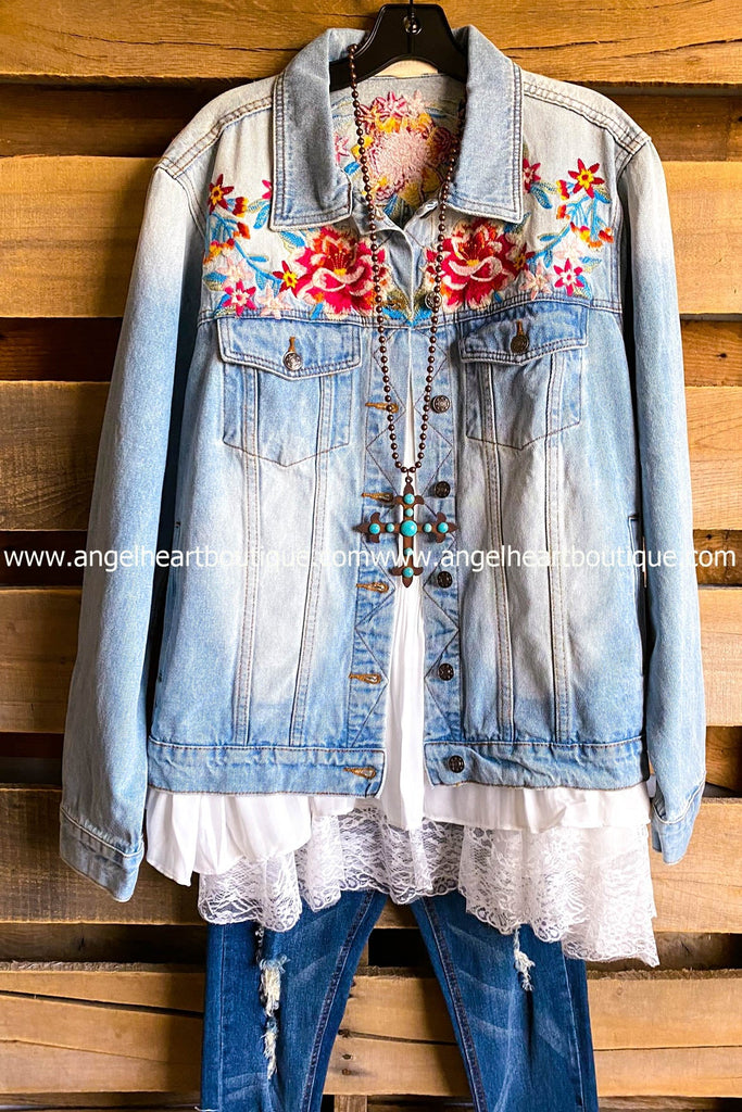 AHB EXCLUSIVE: Lead Me With Love Embroidered Jean Denim Jacket - Denim