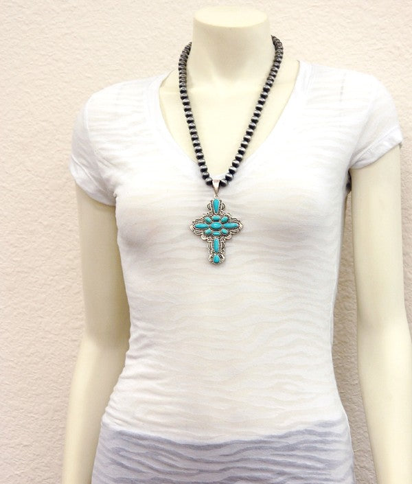 AUTHENTIC TURQUOISE STONE- CRUCIFIX NECKLACE [product type] - Angel Heart Boutique