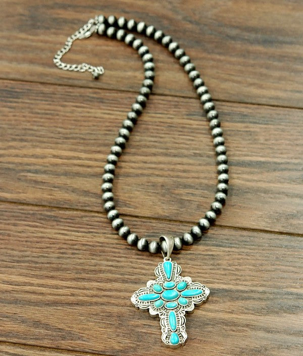 AUTHENTIC TURQUOISE STONE- CRUCIFIX NECKLACE [product type] - Angel Heart Boutique