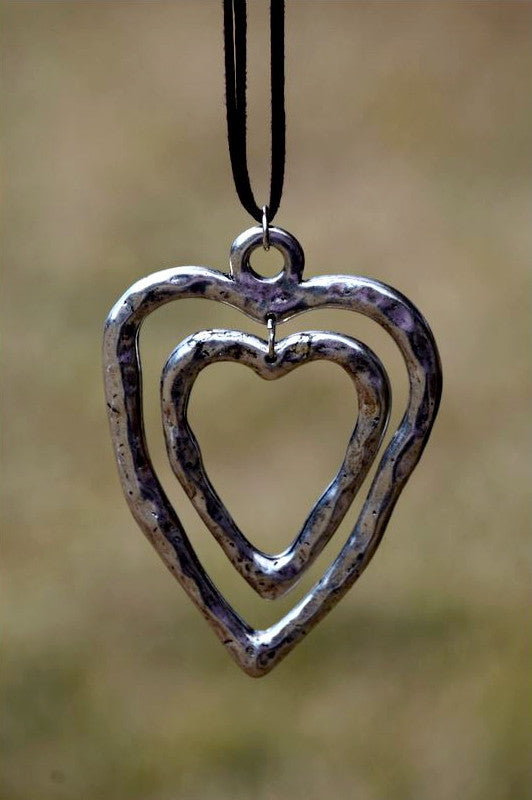 Double Heart Brown Leather Long Necklace [product type] - Angel Heart Boutique